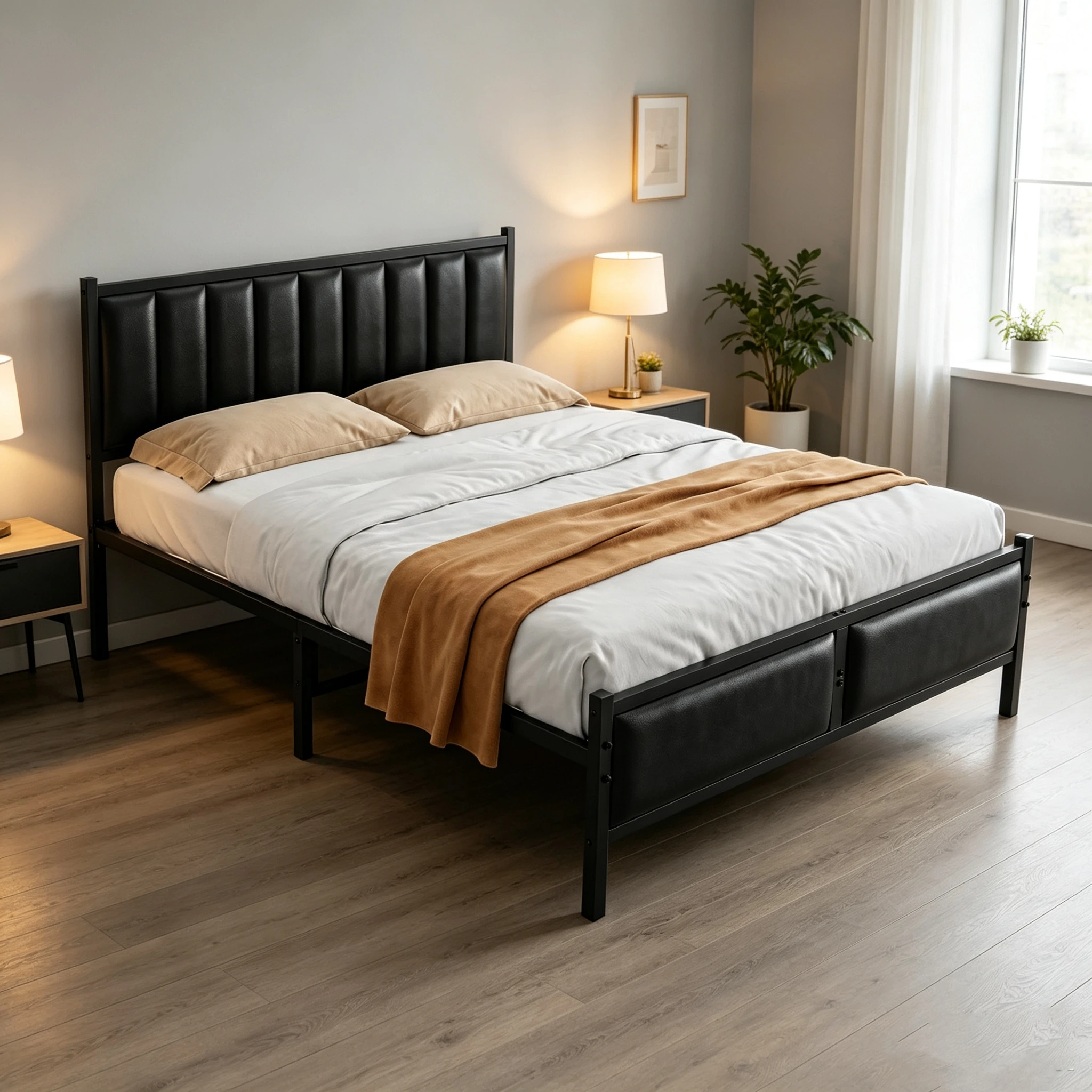 Bed Frame with Upholstered Headboard,  Heavy Duty Platform Bed Frame No Box Spring Needed, Sturdy Metal Slats Support with Under Bed Storage Space, Noise-Free Durable Structure