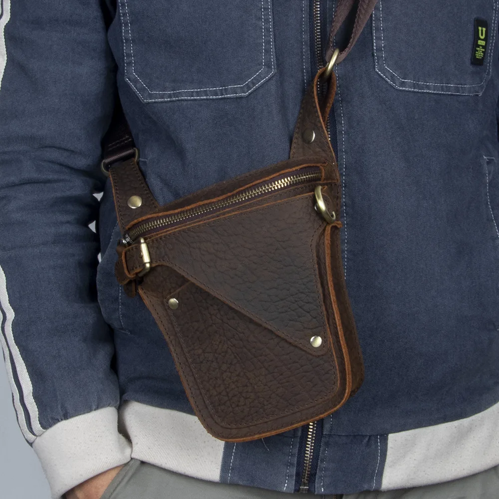 Retro Pure Cowhide Leather Motorcycle Bag Crossbody Bag Mad  Leather Worn Sports Men's Bag Genuine Leather Phone Bag
