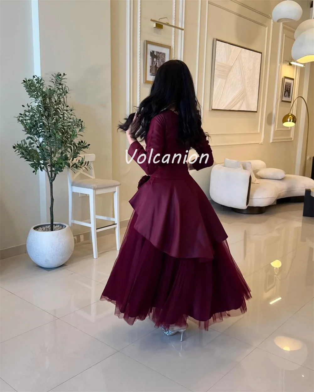 Customized Retro Exquisite Charmeuse Handmade Flower Ruffle Pleat Ball Gown O-Neck Ankle Length Dresses Bespoke Occasion Dresses image 3