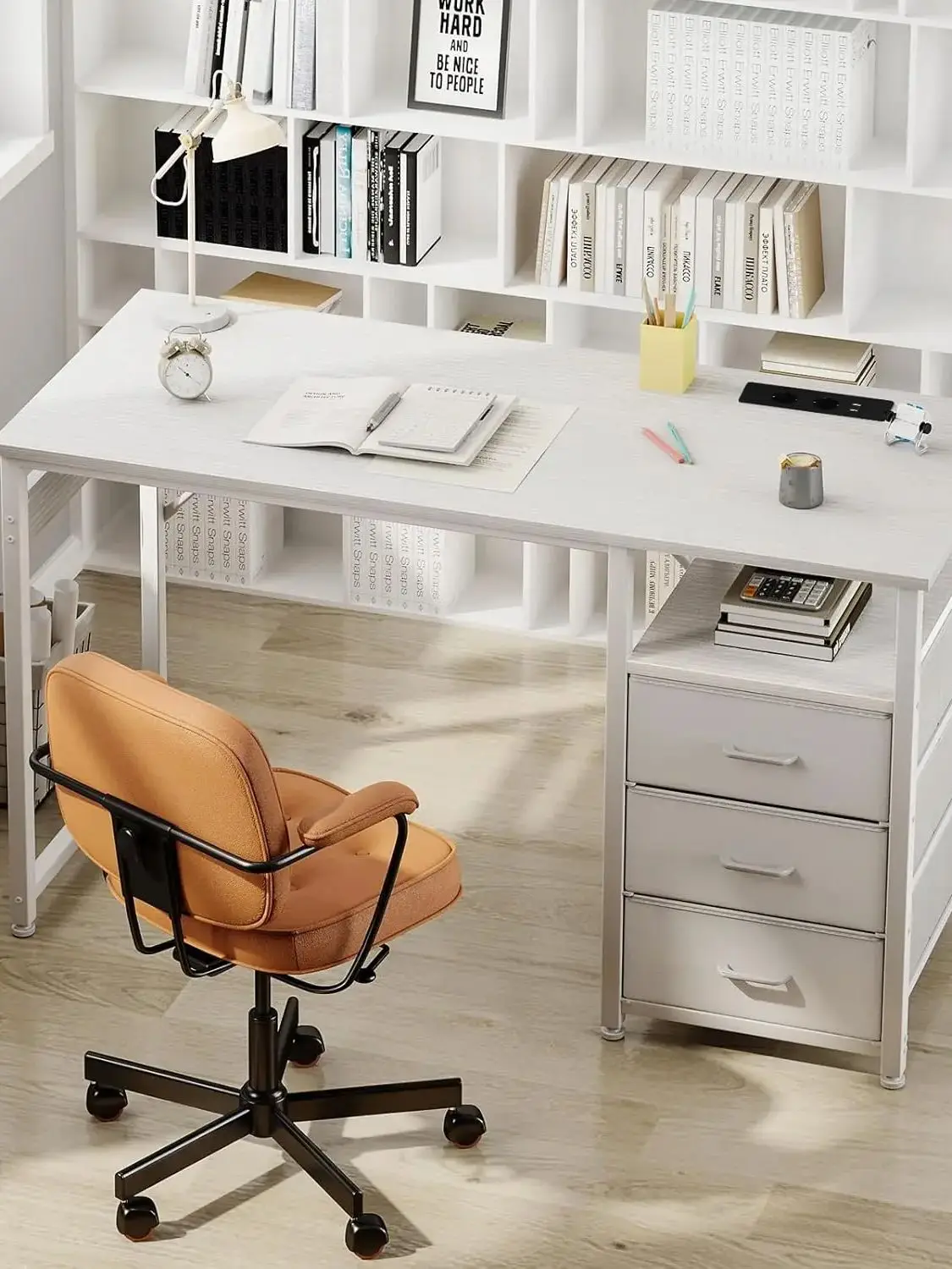 Coleshome Schreibtisch mit 3 Schubladen aus Stoff,  Computertisch mit 2 Steckdosen und USB-Buchsen, 120x48x75.5cm, Weiß