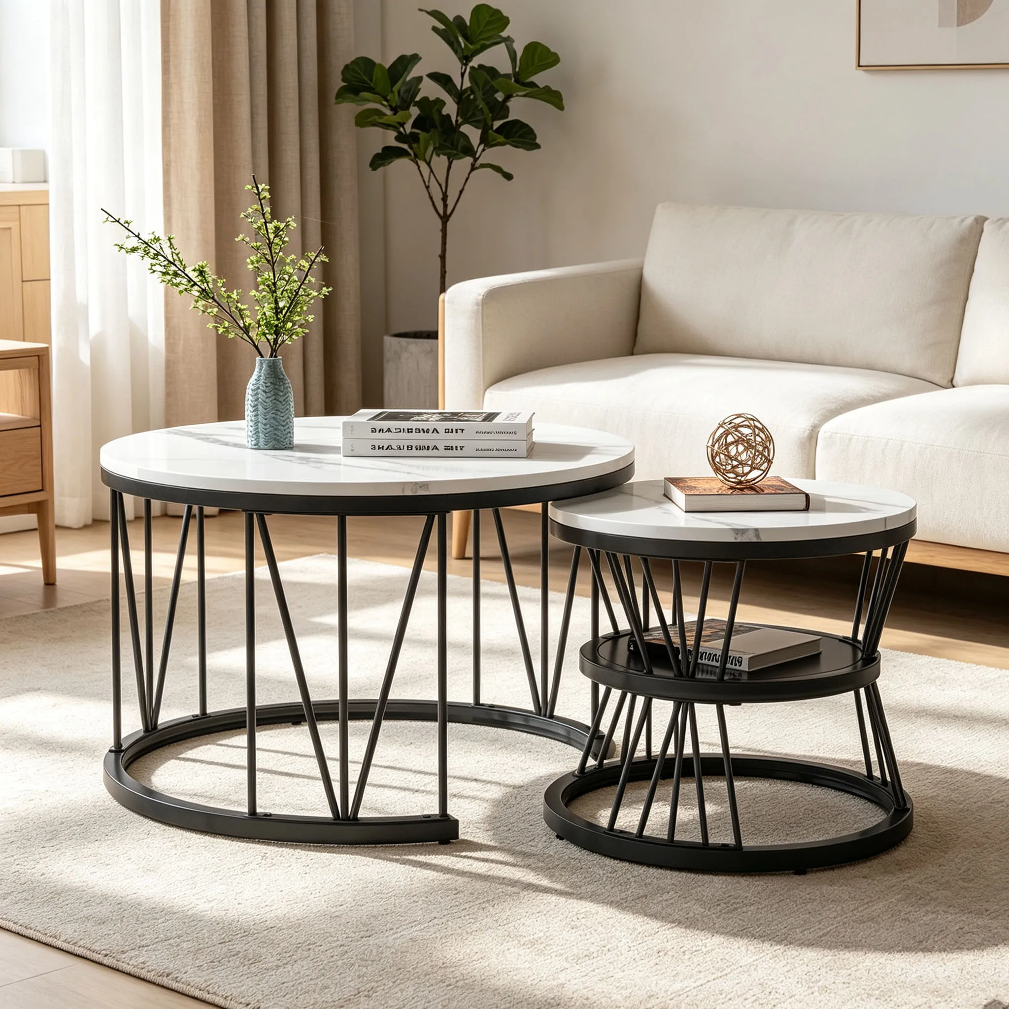 Superaly, tavolini da divano, set di 2 tavolini rotondi componibili, piano in marmo con struttura in metallo nero, tavolino moderno con ripiano contenitore per il soggiorno, arredamento per la casa.