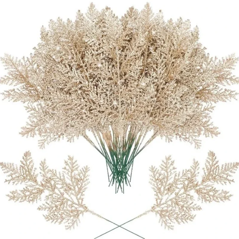 Glitzernde Künstliche Kiefernnadel-Zweige 5/10 Stück Weihnachtsbaum-Kranz DIY Blattwerk-Stiele Heim-Party Weihnachtsgirlande Deko-Ornamente – Detail 10