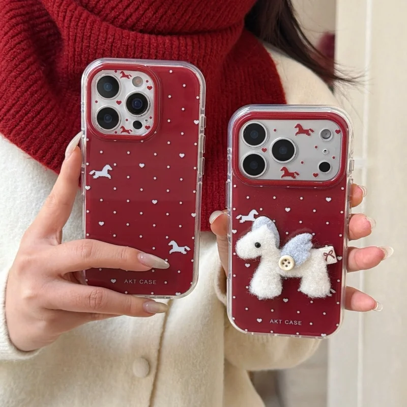 

Fashion Cute Little Love Heart Polka Plush Horse Phone Case For iPhone 17 Pro 16 15 14 Pro Max Cover Shockproof Cartoon Cases Fu