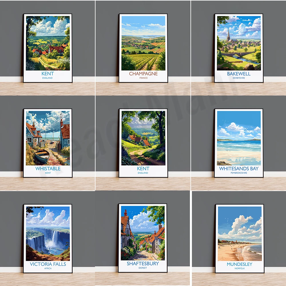 Mandersley Beach, White Sands Bay, Victoria Falls, Whitstable, Champagne, región vitivinícola, Francia, Bakewell, Kent, póster de viaje
