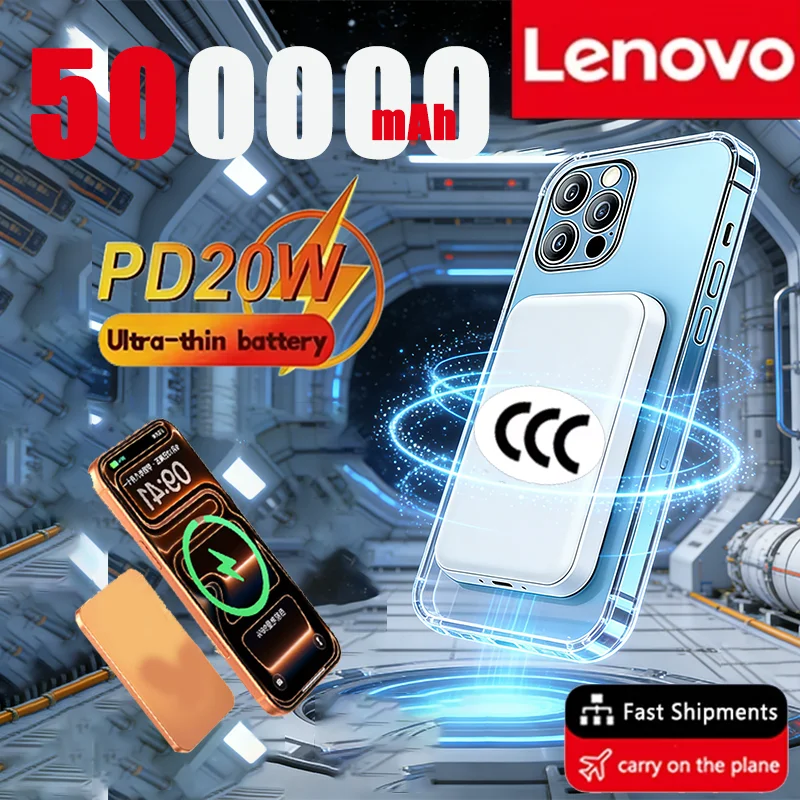 Lenovo 500000mAh Magnetic Portable Power Bank Wireless PD 22.5W Fast Charger For Magsafe Auxiliary Battery For Xiaomi iPhone