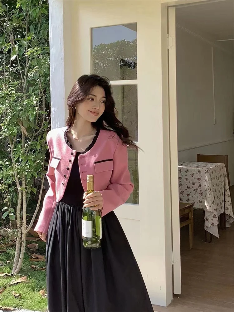 

plus Size Spring Fashion Set Women's Short Coat Inner Strap Dress Casual High Waist A-Line Skirt Long Sleeve round Neck Dress
