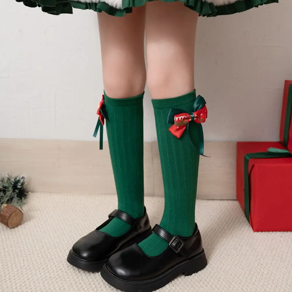 

Casual Middle Tube New Year Red Socks Green Thicken Bow Hosiery for Kids Sweet Princess Sleeping Socks Winter