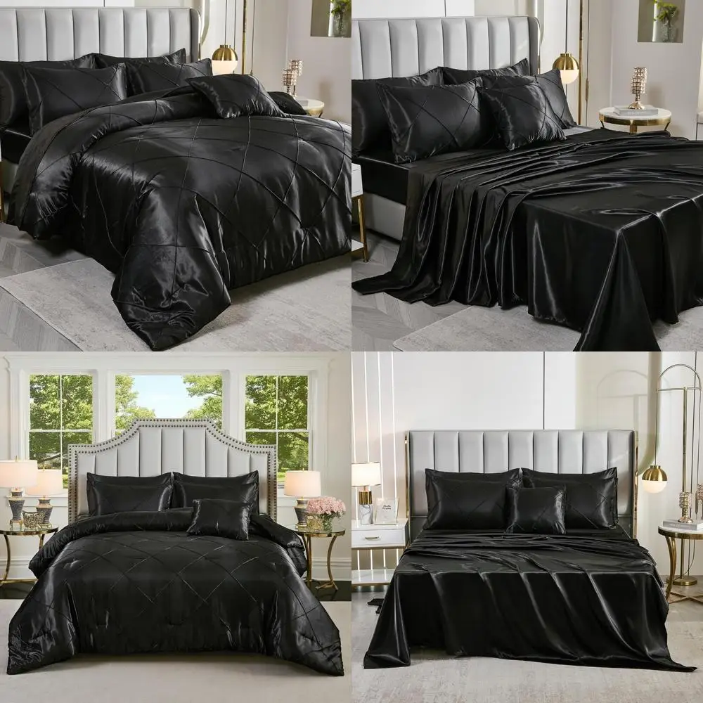 

Роскошный комплект постельного белья из черного атласа королевского размера с плиссированным комплектом одеял из 8 предметов