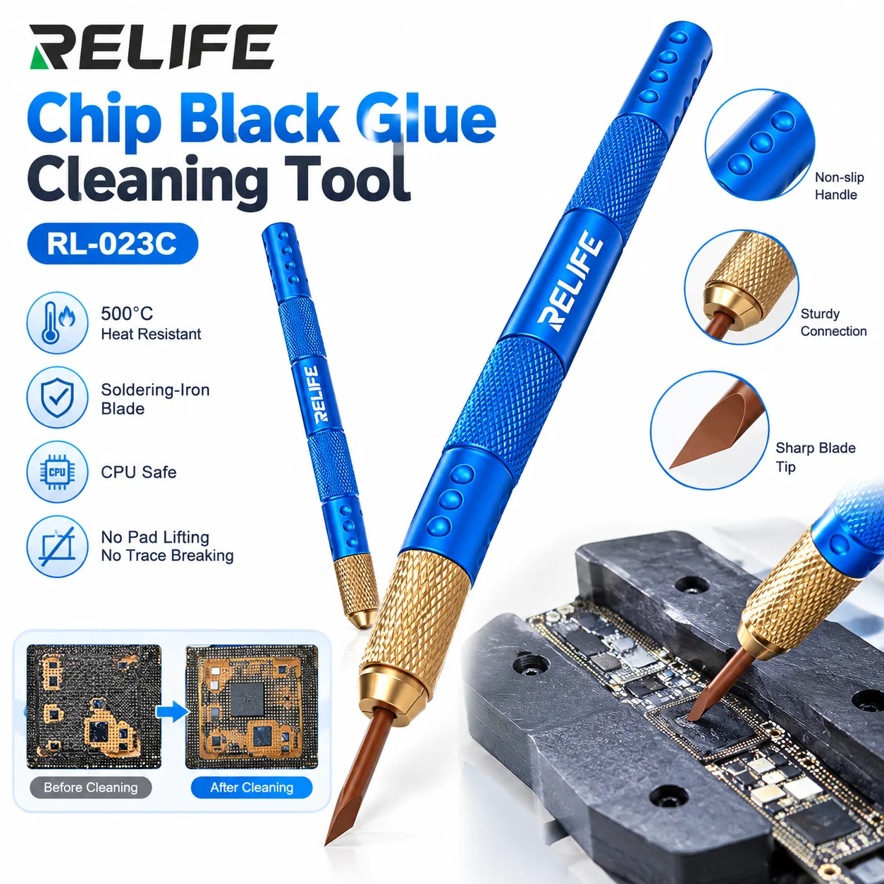 RELIFE RL-023C Chip PCB Glue Remove Special PI Blade Heat-resistant for Phone Mainboard CPU PCB Black Adhesive Clean Repair Tool