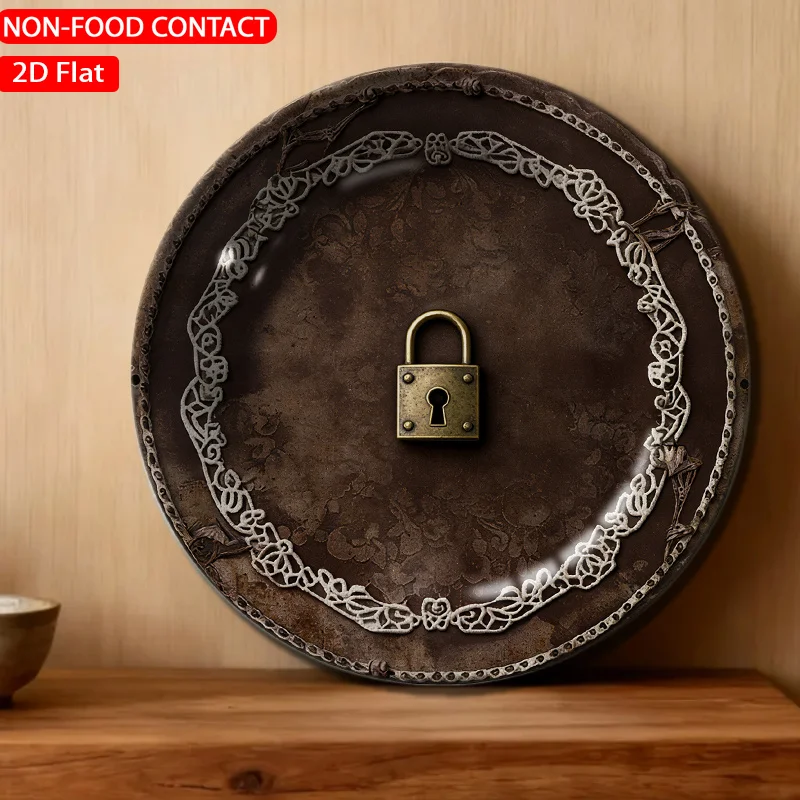1pc Vintage Ornate Lock Bronze Ceramic Plate Non-Food Contact, Home Desk Ornaments, Living Room And Bedroom Decorations,