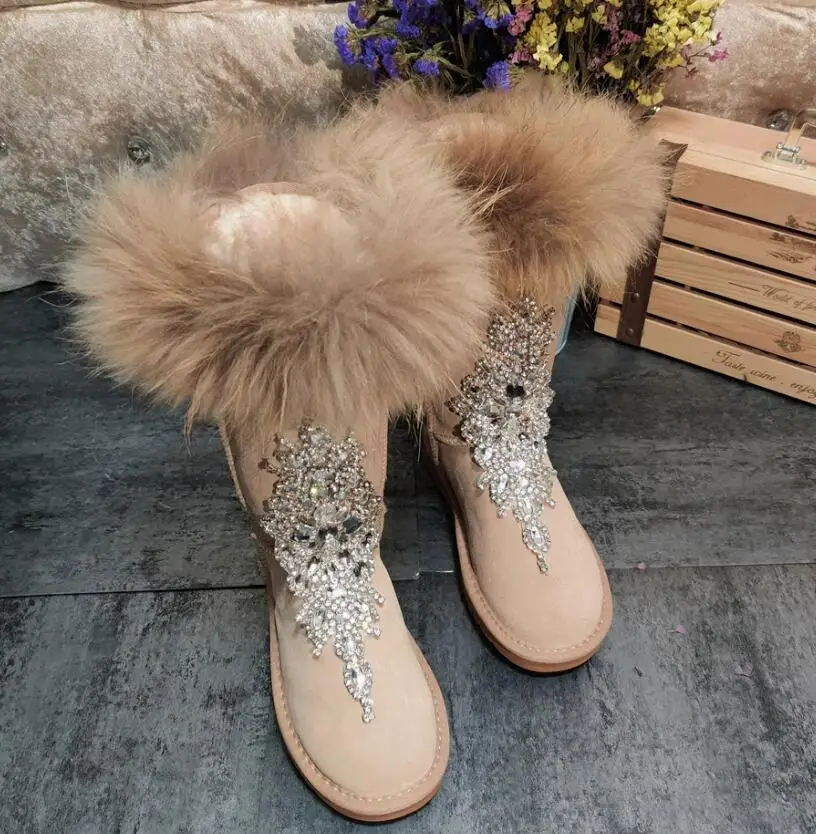 Fashion Real Raccoon Fur Diamond Crystal  Snow Boots Round Toe Warm Plush Thick Sole Women Winter Booties view 3