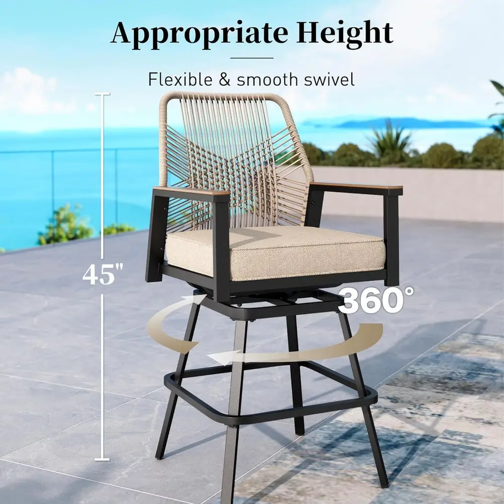 ชุดเก้าอี้บาร์หมุนกลางแจ้ง 2 ตัว เก้าอี้ลานหวายพร้อมเบาะรองนั่ง ทนต่อสภาพอากาศสำหรับระเบียงและสระว่ายน้ำ สีเบจ