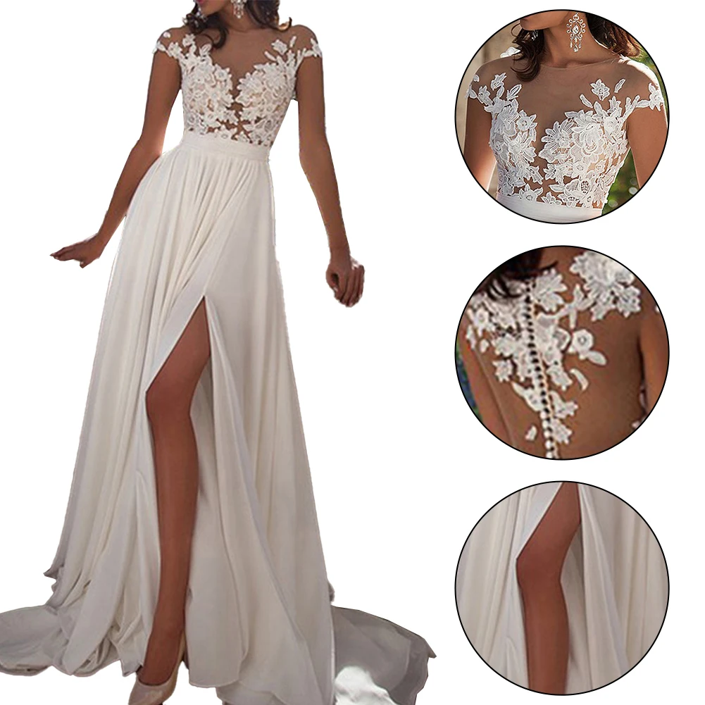 Bloemen Kant Ontwerp Bruiloft Elegante Chiffon Jurk Avond Baljurk Wit Elegante Nobele Grote Rok Zijsplit Dames Klassieke Jurk