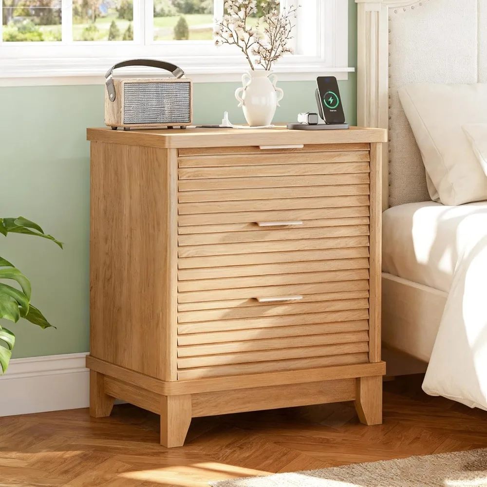Fluted Night Stand with Charging Station and 3 Drawers, Wood Nightstands Beside Table with Slanted Louvered, Customized