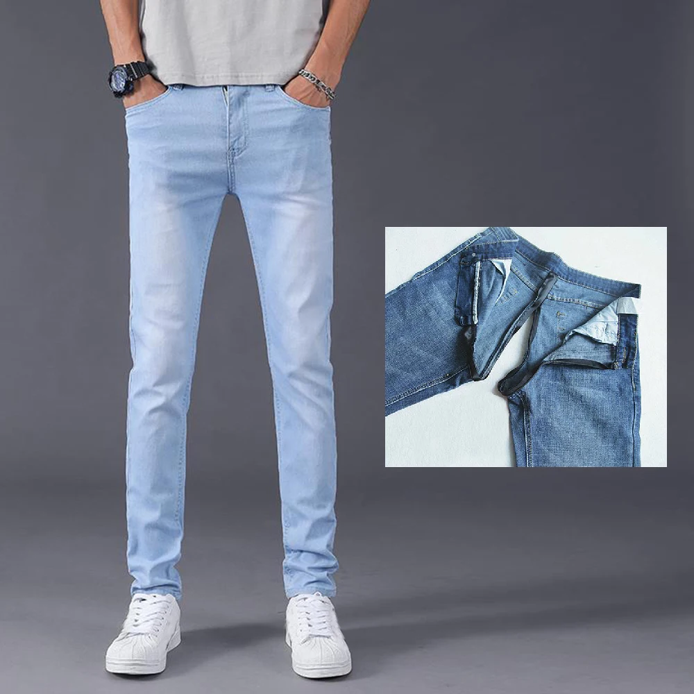 Sky Blue Jeans Men's Slim-fit Stretch Pants Trend Invisible Open Crotch Outdoor Sex Simple Streetwear Casual Trousers Exoticism