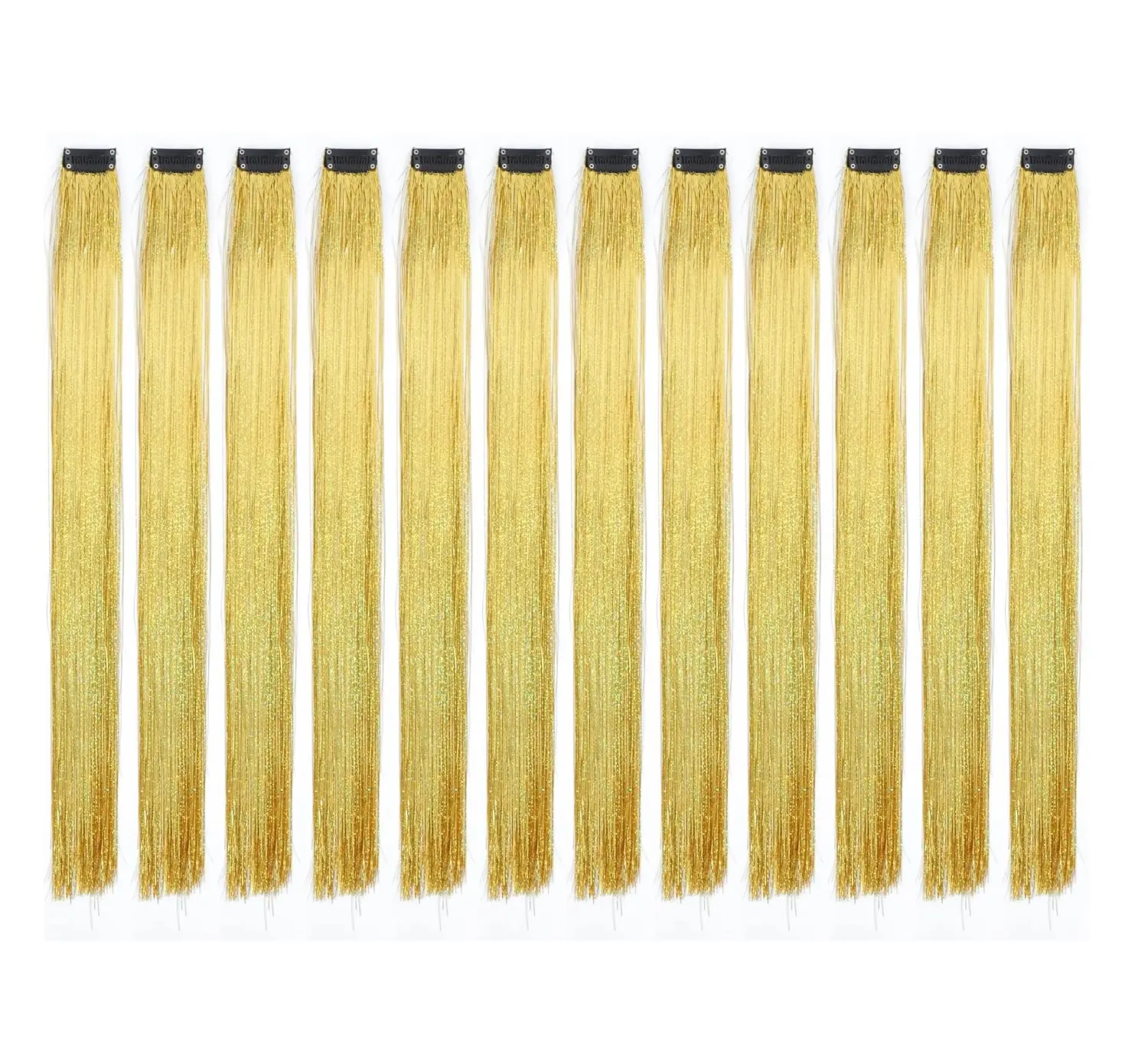 

12 Pcs Sparkling Tinsel Gold Clip In Hair Extensions for Women - Straight Highlight Streaks, 18-19 Inch, Synthetic Hairpieces for Party & Daily Use