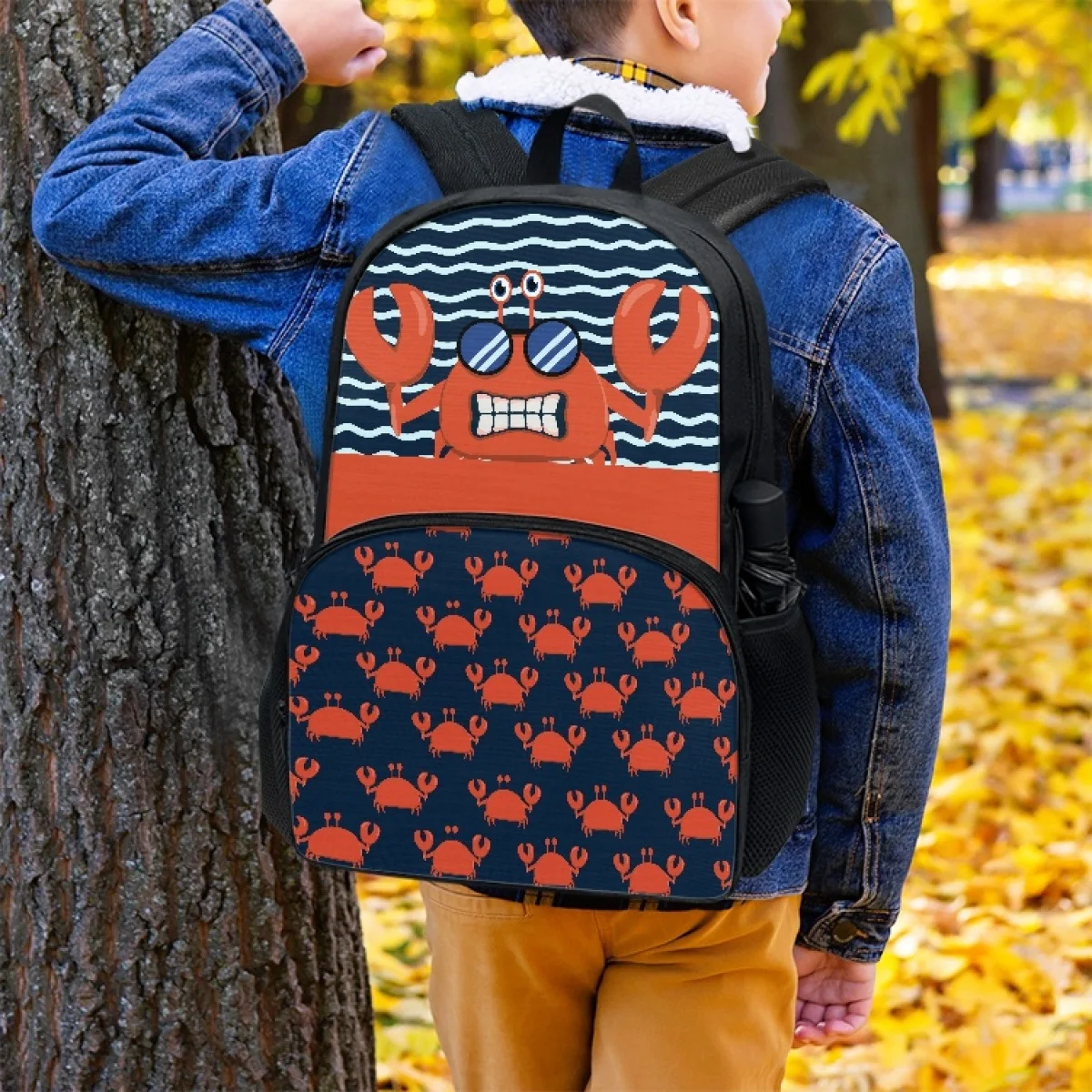 FORUDESIGNS Boys School Backpacks Cartoon Sea Animal Shrimp Design Schoolbags Waterproof Storage Textbook Bookbags Student