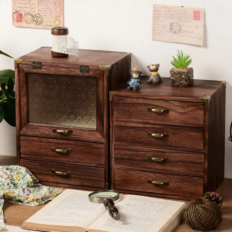 Real Wood Desktop Tidy Rack Begonia Patterned Glass Zakka Drawer Bedhead Shelf Antique Display Box Beautiful Strong Very