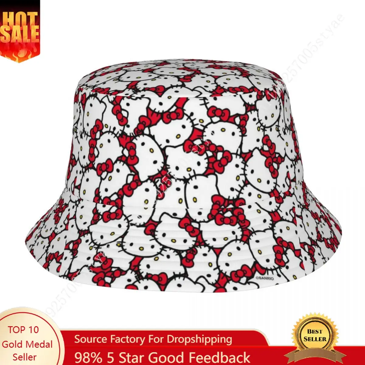 

Custom Unisex Hello Kitty Pattern Bucket Hat Beach Sun Cartoon Summer Fishing Hats