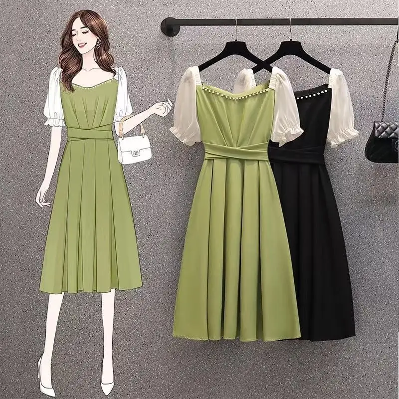 Elegant Fashion Beading Square Collar Vintage Dress Korean Solid Color Puff Sleeve All-match Waist Dresses Women\'s Clothing 2023