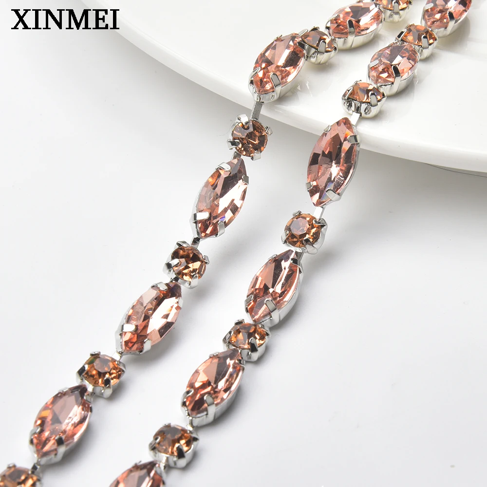 1 Meter Horse Eye Rhinestone Trim Bling Colorful Leaf Crystal Chain Applique Sew on Collar Wedding Dress Shoes Accessories