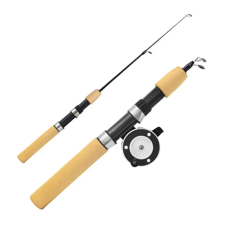 Mini Telescopic Fishing Rod Shrimp Fishing Rod  Metal Fishing Reel  Carbon Casting  Non-Slip Wooden Handle  Winter