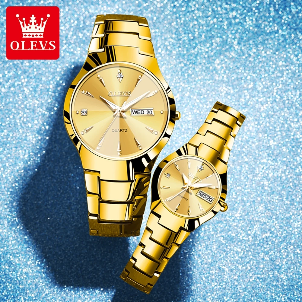 OLEVS Gold Couple Watch Fashion Tungsten Steel Quartz Watches for Women Mens Top Brand Luxury Week Calendar Lovers Wristwatch