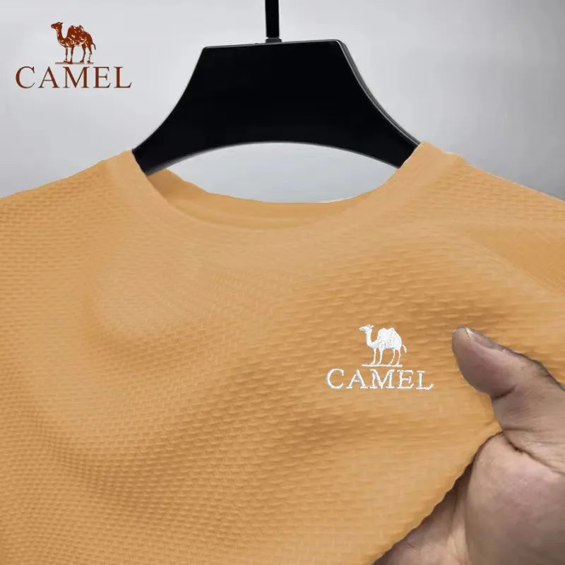 New Men\'s Embroidered CAMEL Ice Silk Round Neck Short Sleeved T-shirt Summer Luxury Fashion Casual Breathable Cool Polo Shirt