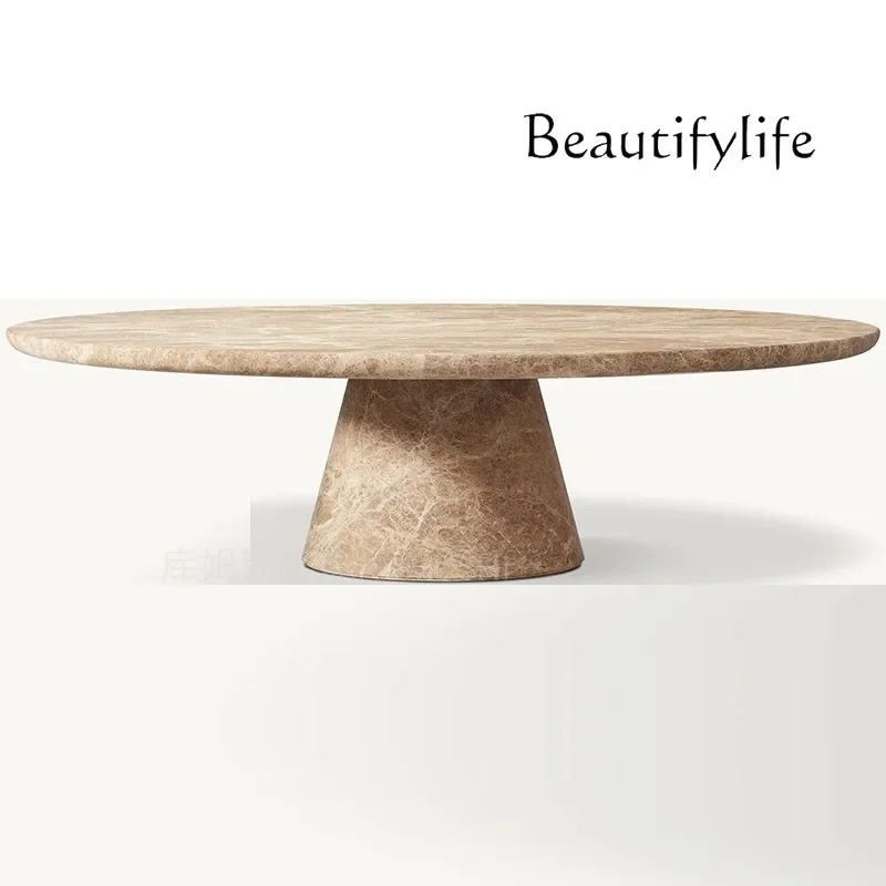 

SS Wabi Sand Wind Natural Travertine Designer Nordic Light Luxury Sofa Small Coffee Table Coffee Table Round Stone Coffee Table