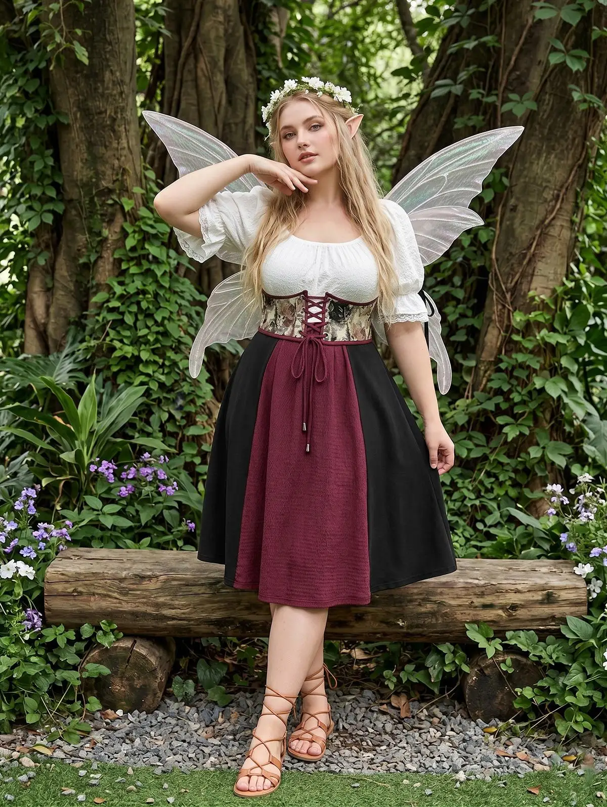 Plus Size Medieval Renaissance Dress Women Lace-up Corset Grommets Ruffles Lace Trim Dress Victorian Halloween Cosplay Costume