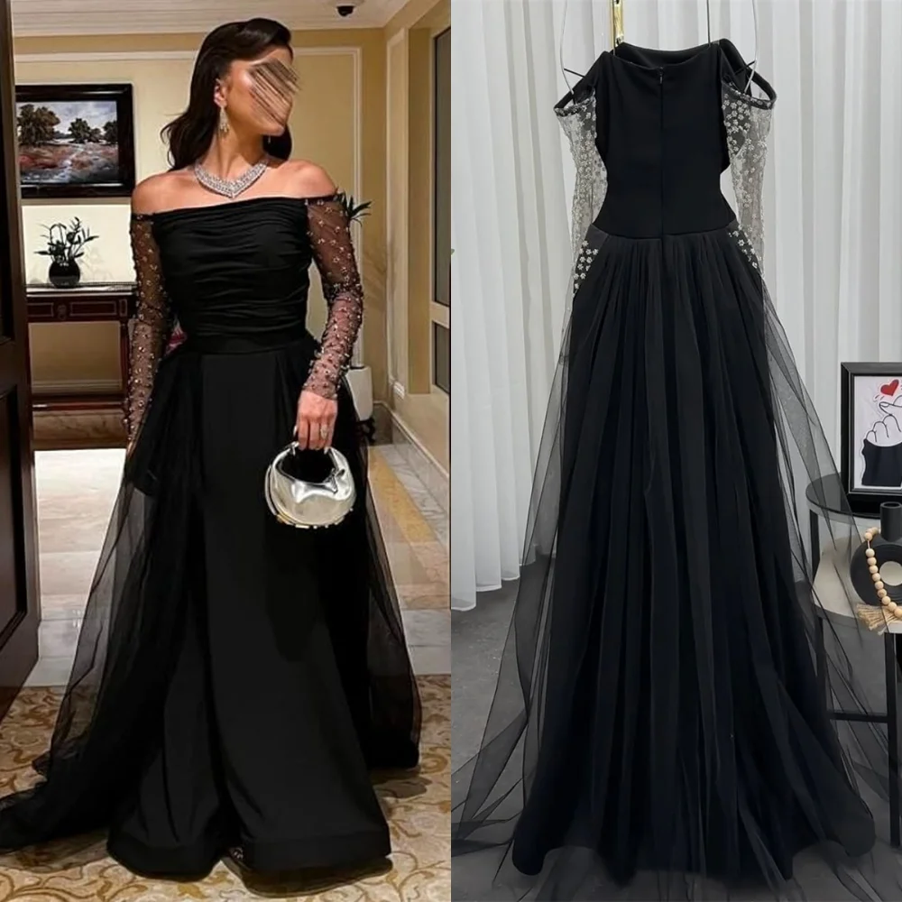 Customized Delicate Black Jersey Evening Dress Exquisite Strapless Off the Shoulder Long Sleeves Zipper Back Homecoming Dress