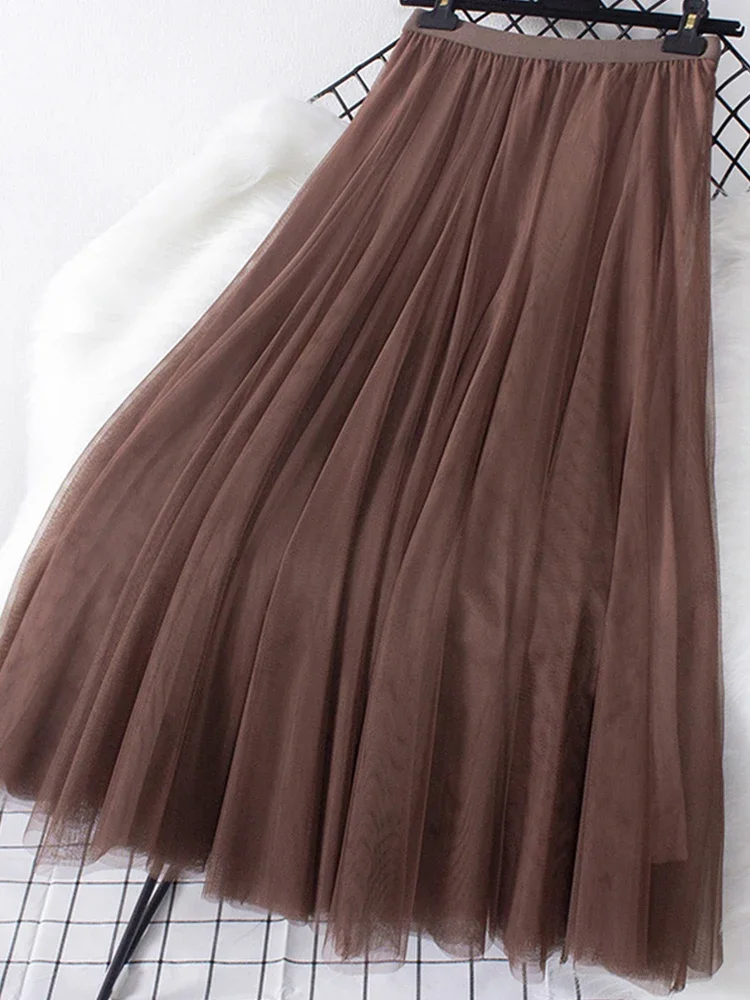 TIGENA New Big Hem Long Tulle Skirt Women Korean Casual Simple Solid 3 Layers A Line High Waist Maxi Skirt Female Lady Purple