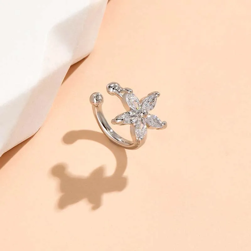 1 قطعة موضة لامعة الزركون زهرة قرط كبس للنساء الحد الأدنى فضي اللون الخماسي ستار لا ثقب وهمية الأذن الكفة مجوهرات