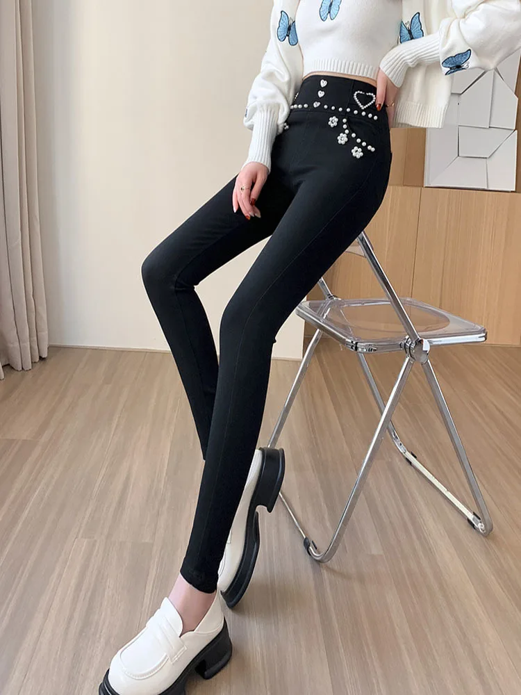 Streetwear Spring Women Luxury Embroidered Flares Pencil Pants Trousers White Black Slim High Waist Girls Single Buttons Pants
