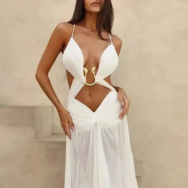 

Elegant Sleeveless Pleats Robe Sexy Ladies Deep V Hollow High Waist Long Mesh Backless Suspender Evening Dress Mujer