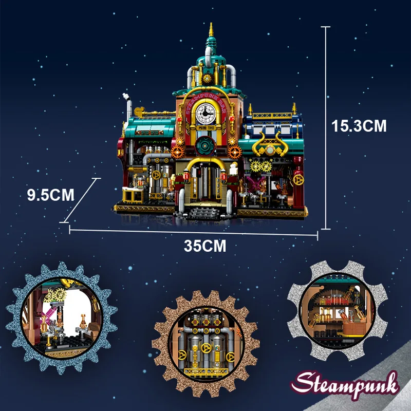 Creative 1557Pcs Steampunk Bar Model Building Blocks City Street View Architecture Bell Tower MOC BrIcks Toys For Children Gifts