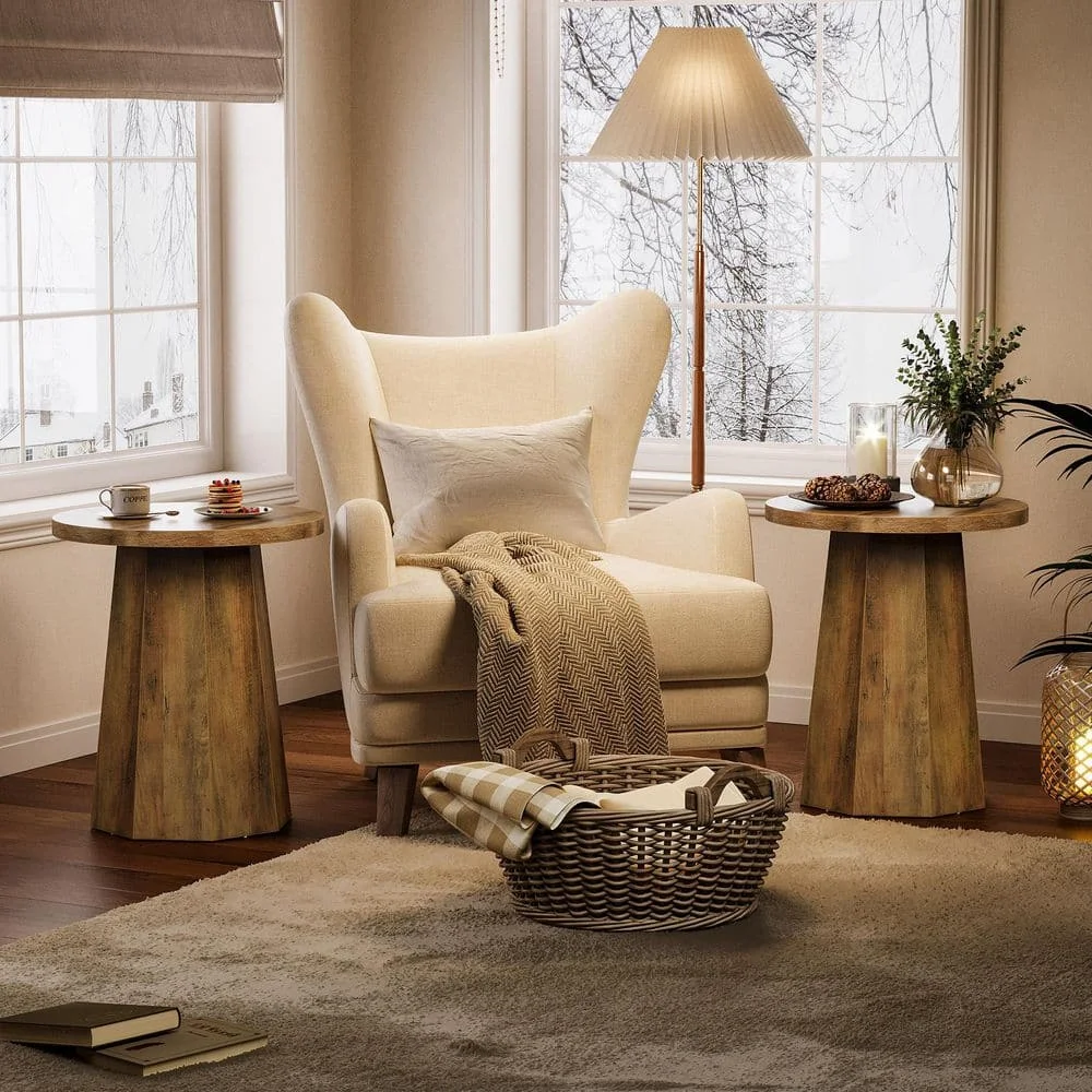 19.69 بوصة. طقم طاولة نهاية خشبية مستديرة بنية مكونة من 2، طاولة جانبية للأريكة مع قاعدة مثمنة لغرفة المعيشة وغرفة النوم