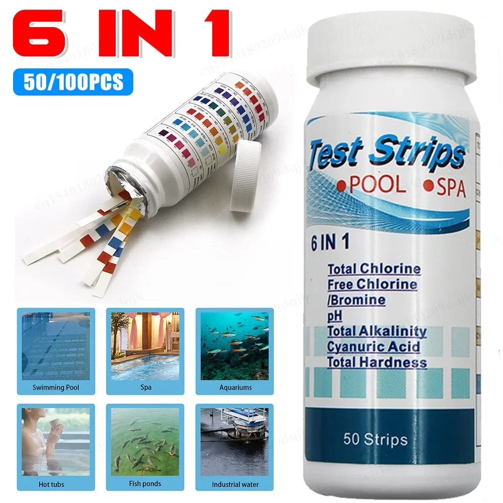 50/100pcs Multipurpose 6 in 1 Chlorine PH Test Strips SPA Swimming Pool Water Tester Pape Chlorine/PH/Bromine Measure Paper