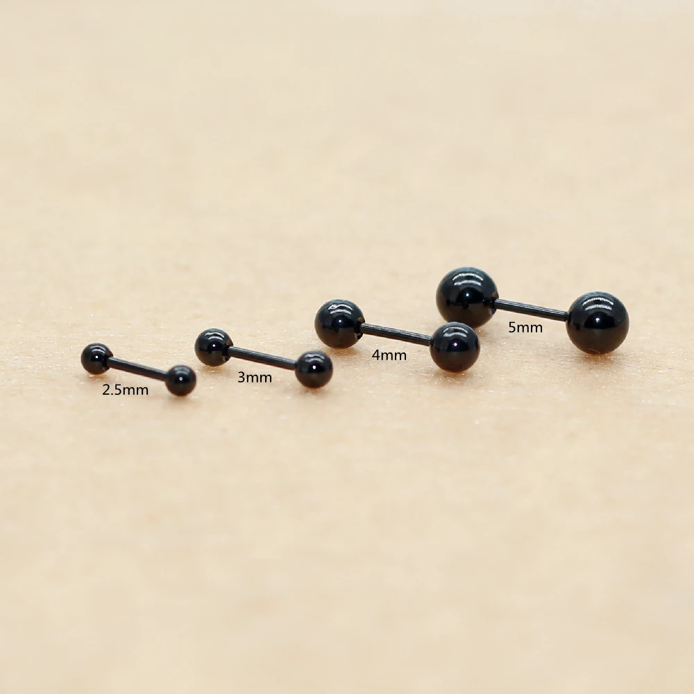 0.8mm Fine Needle Black Titanium Screw-back Round Ball Stud Earrings For Women Men 316l Stainless Steel Earring Jewelry