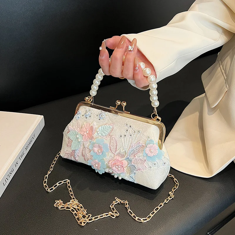 Fashion Elegant Silver Gray Clutch Fine Handmade Flower Embroidery Evening Bag For Women Summer Handbag Prom Party Shoulder Bags