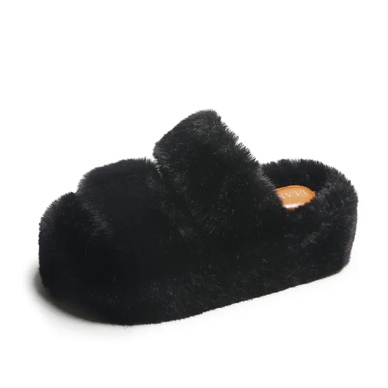 

Large size 7CM thick bottom with plush leather printing on the inner lining, fashionable and casual plush slippers slides