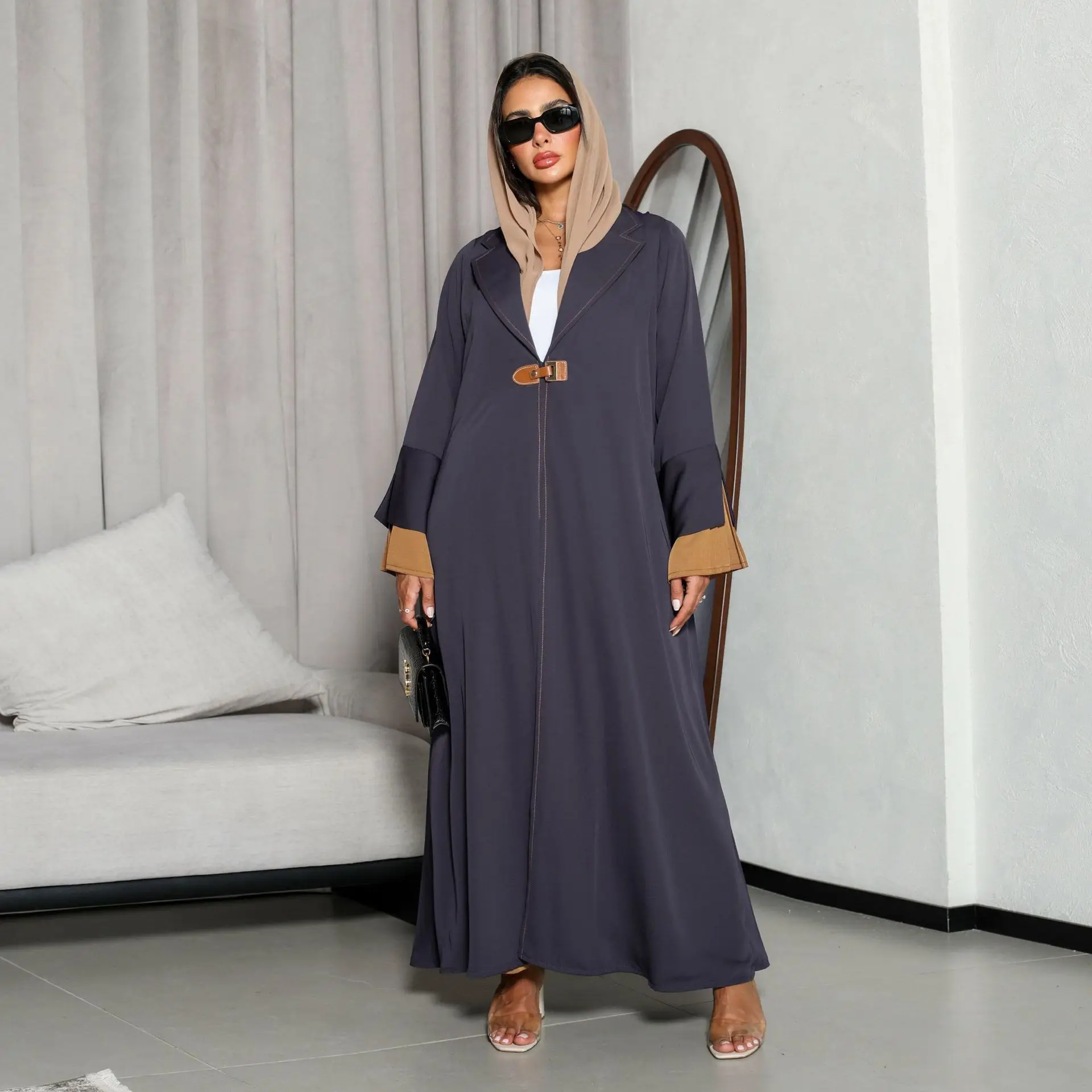 

2025 Muslim New Fashion Middle East Women's Color-coded Casual Trendy Elegant Loose Long Sleeve Single-button Abaya Dress Female