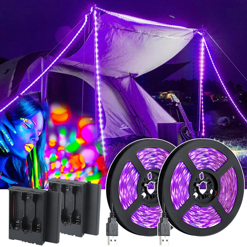 Bande lumineuse LED UV, lampe de barre noire USB, alimentée par batterie, Halloween, néon phosphorescent, décoration de fête, 16.4 pieds, 5m