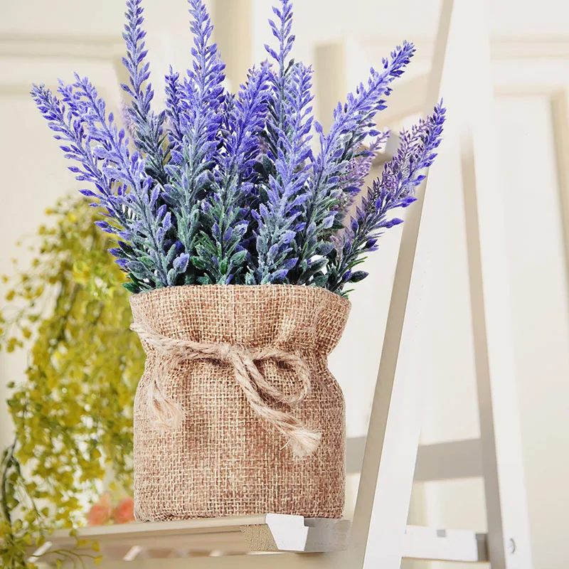 Burlap Potted Lavender Flowers Artificial Fake Flower And Plant Flocked Charming Purple For Warm And Loving Home Or Venue Decor