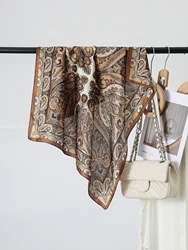 70cm Fashion Square Silk Scarf Satin Cashew Flower Print Small Neck Scarf Women Headscarf Kerchief Bandana Shawl Accessories