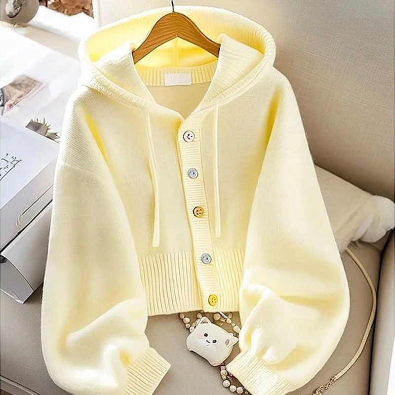 AutumnWinter New Bright Yellow V-neck Knitted Sweater Hooded Sweater Women's Loose Chic Sweater Lady Korean Top Casual Outwear