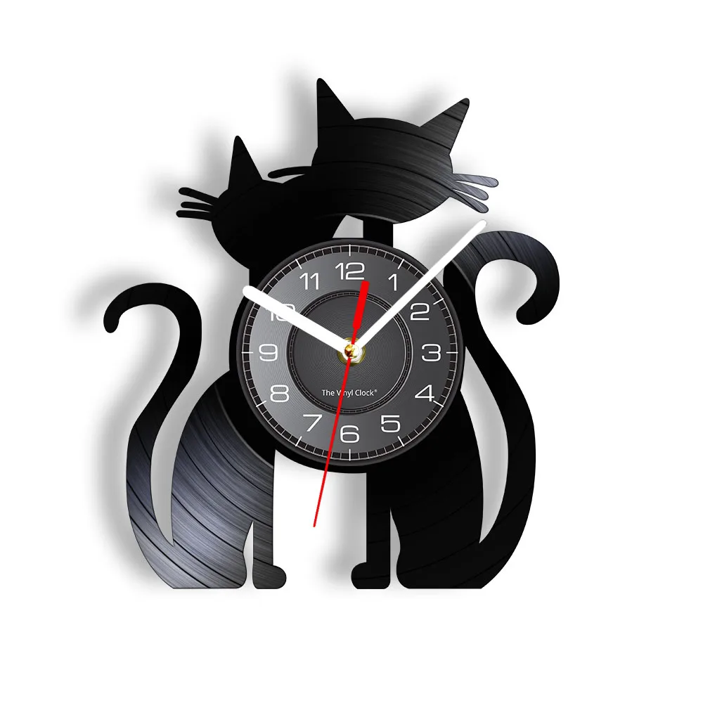 Cats Couple Vinyl Record Wall Clock Handmade Cats Ornament Cats Silhouette Wall Art Modern Decorative Wall Clock Cat Lovers Gift