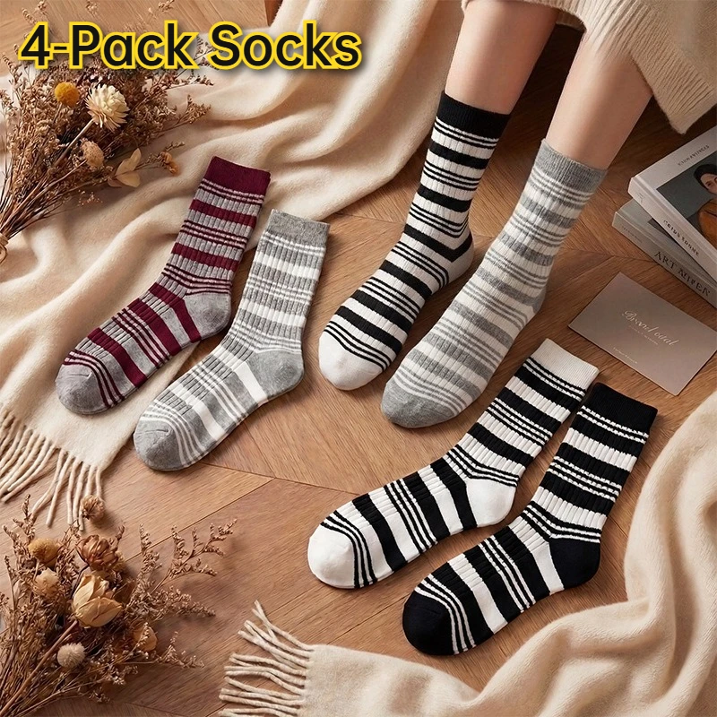 4‑Pack Women Retro Contrast Striped Crew Socks Combed Cotton Breathable Slouch Long Socks All‑Season Soft Casual Knit Socks