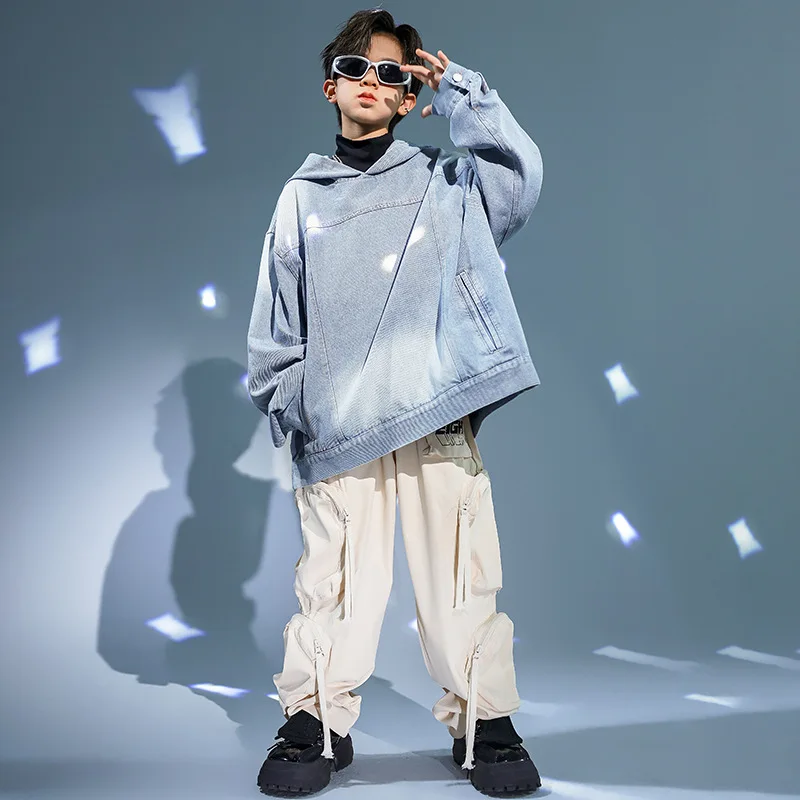 Kids Hip Hop Dance Costume Boys Loose Hooded Denim Tops Cargo Pants Teens Modern Jazz Dance Practice Clothes Performance Suit