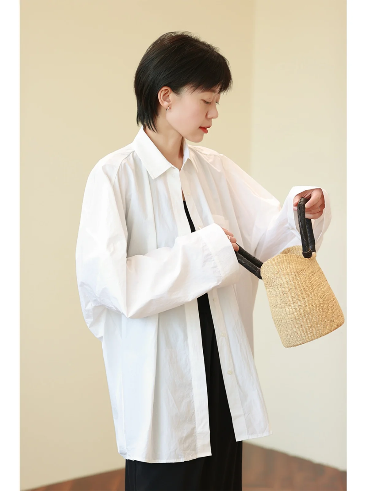 

Loose Fit Cotton Long Sve irt Women's Sle Simple Commute Lazy Faion Autumn New Arrival White Pure Cotton Top